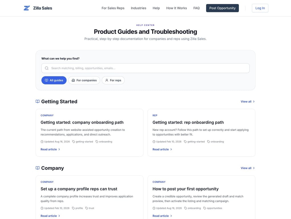 Zilla Sales Help Center search and account-type filters