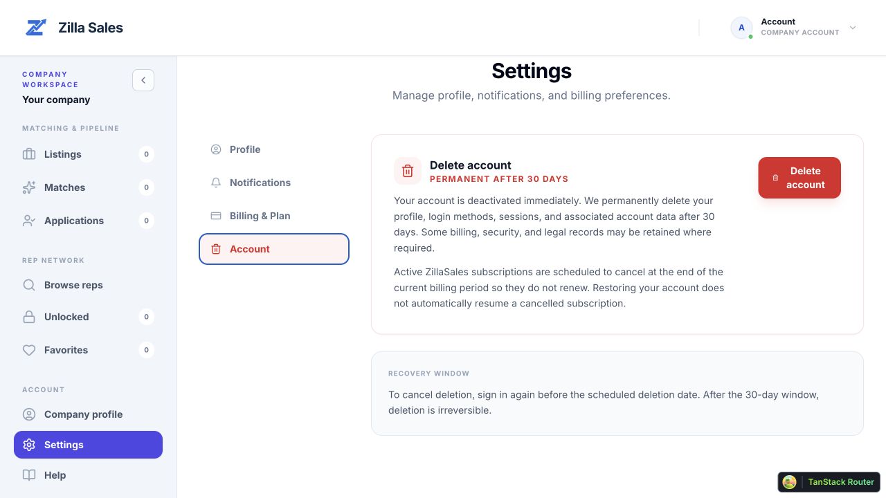 Account deletion controls in Settings
