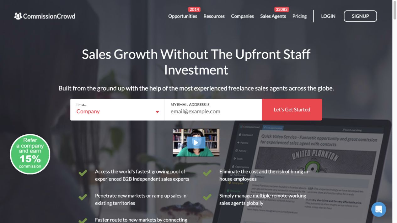 CommissionCrowd public homepage showing its company signup flow and agent-management product interface