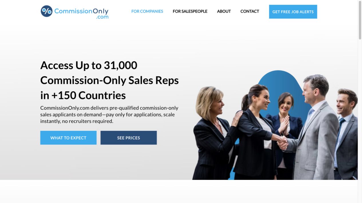 CommissionOnly.com company page promoting commission-only sales applicants and published pricing