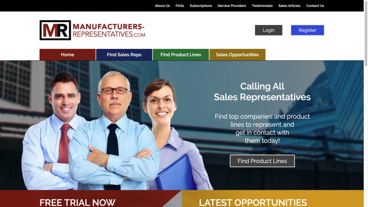 Manufacturer Rep Network public homepage showing its sales representative and product line marketplace