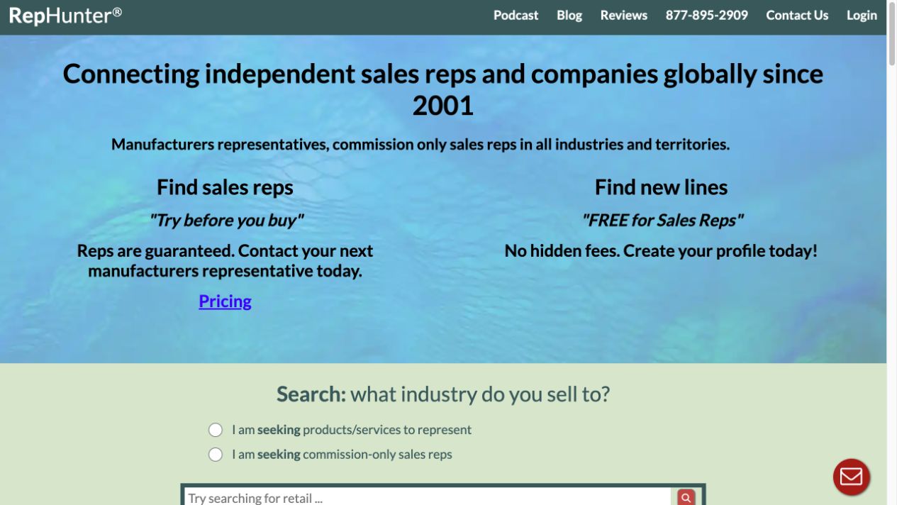 RepHunter public homepage showing its independent sales representative search interface