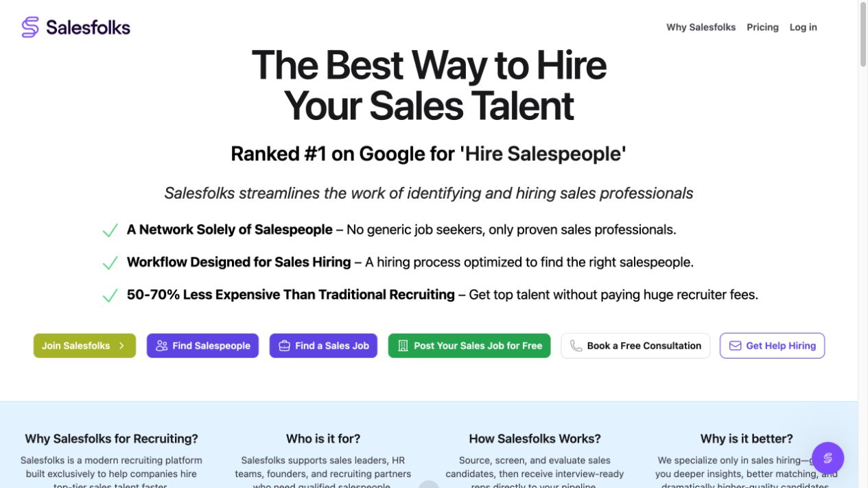 Salesfolks public homepage showing its sales-talent hiring options and product positioning