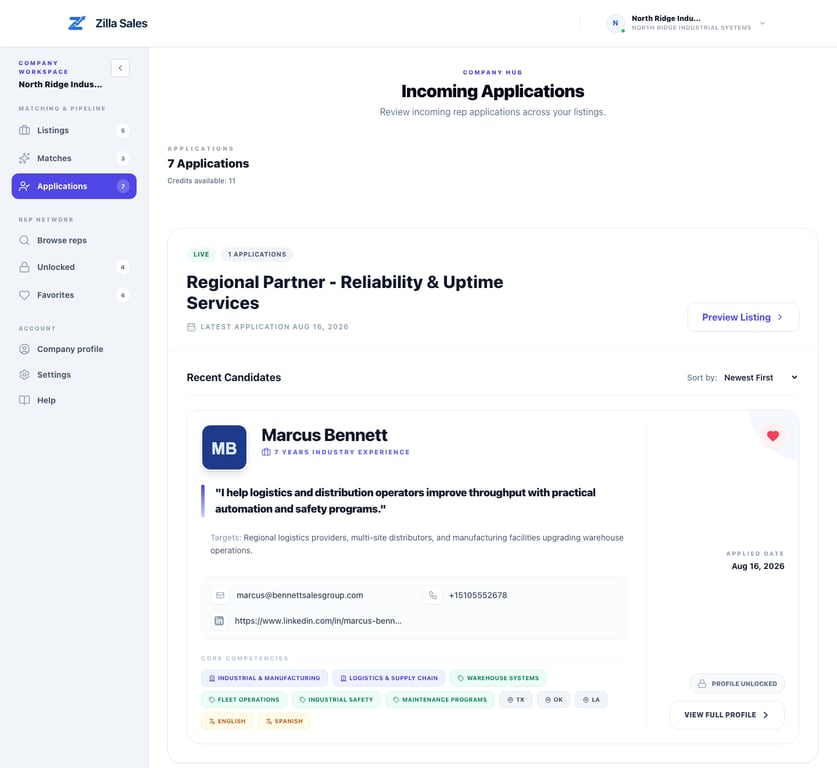Applications workspace showing rep evidence and the one-credit unlock action