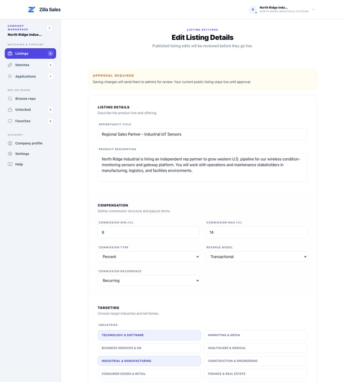 Listing editor with the approval-required notice and editable commercial details