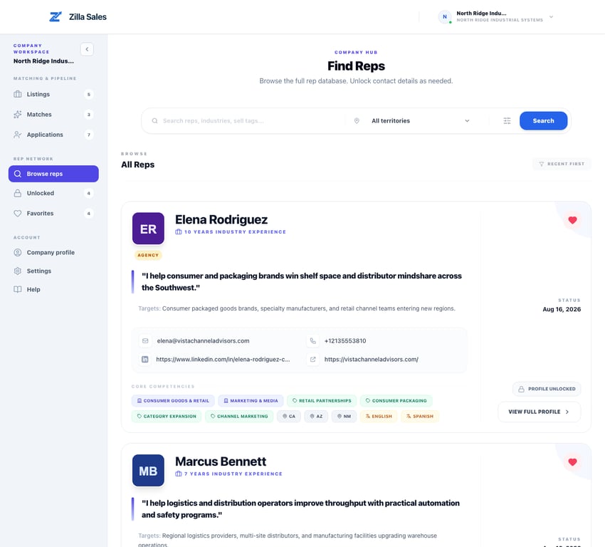 Rep directory with industry, territory, product, and buyer evidence