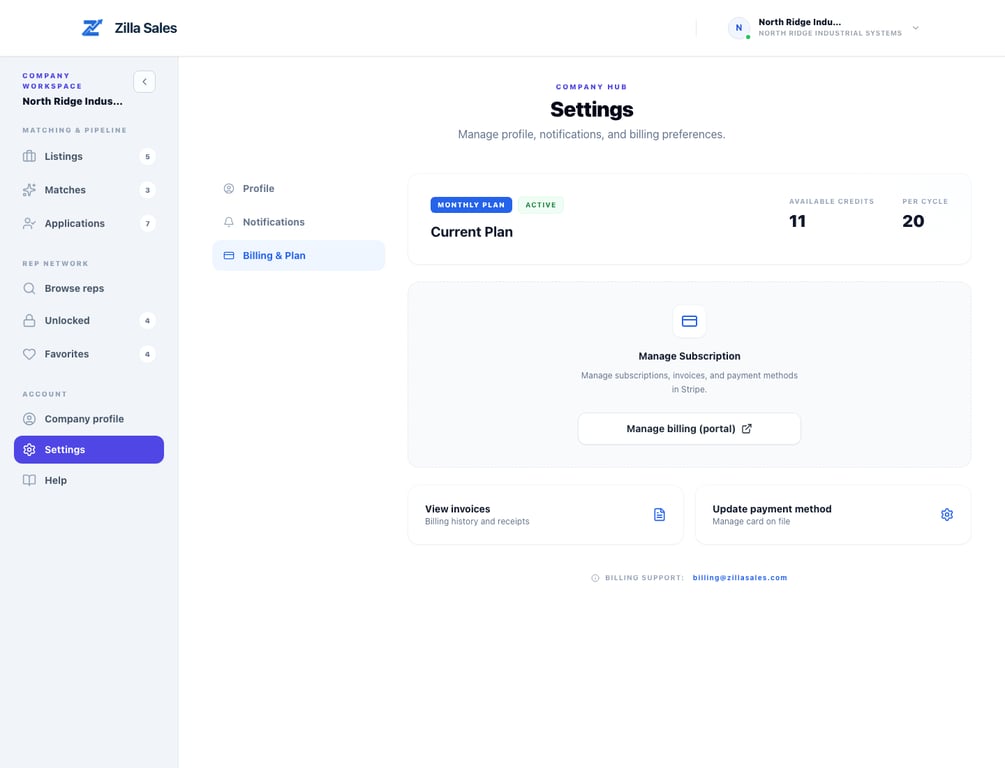 Company Billing & Plan settings with subscription, credits, and portal access