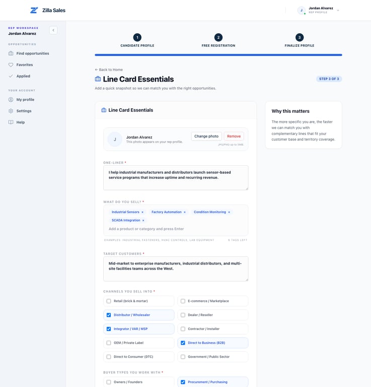 Rep line card with product, buyer, territory, and capability fields