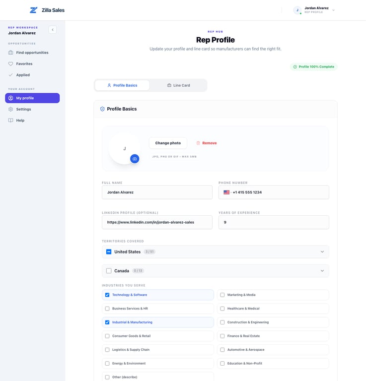 Completed rep profile used by companies during evaluation