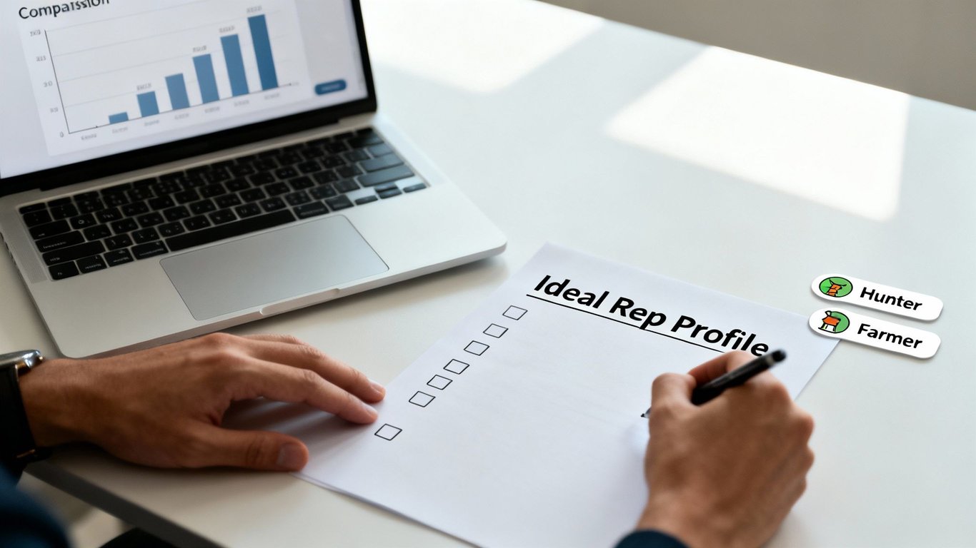 A person writes on a document titled 'Ideal Rep Profile' with 'Hunter' and 'Farmer' labels, next to a laptop.