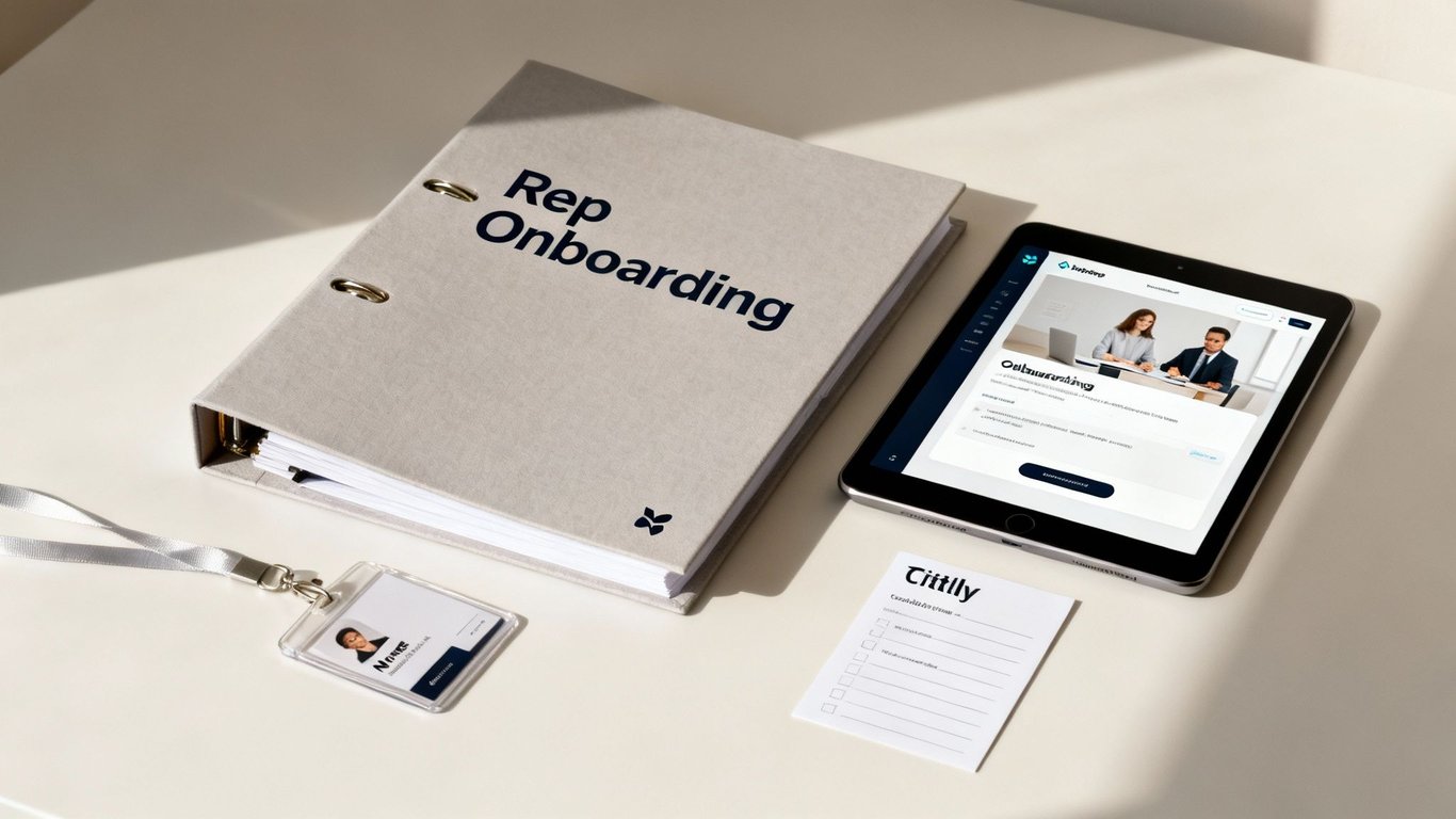 Onboarding materials including a 'Rep Onboarding' binder, a tablet showing an onboarding portal, an ID badge, and a checklist.