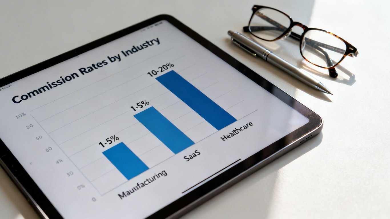 A tablet displays a bar chart titled 'Commission Rates by Industry', showing data for Manufacturing, SaaS, and Healthcare.