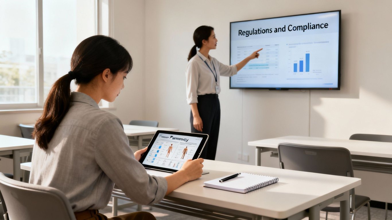 Two women in a classroom: one presents 'Regulations and Compliance' on a screen, another uses a tablet.