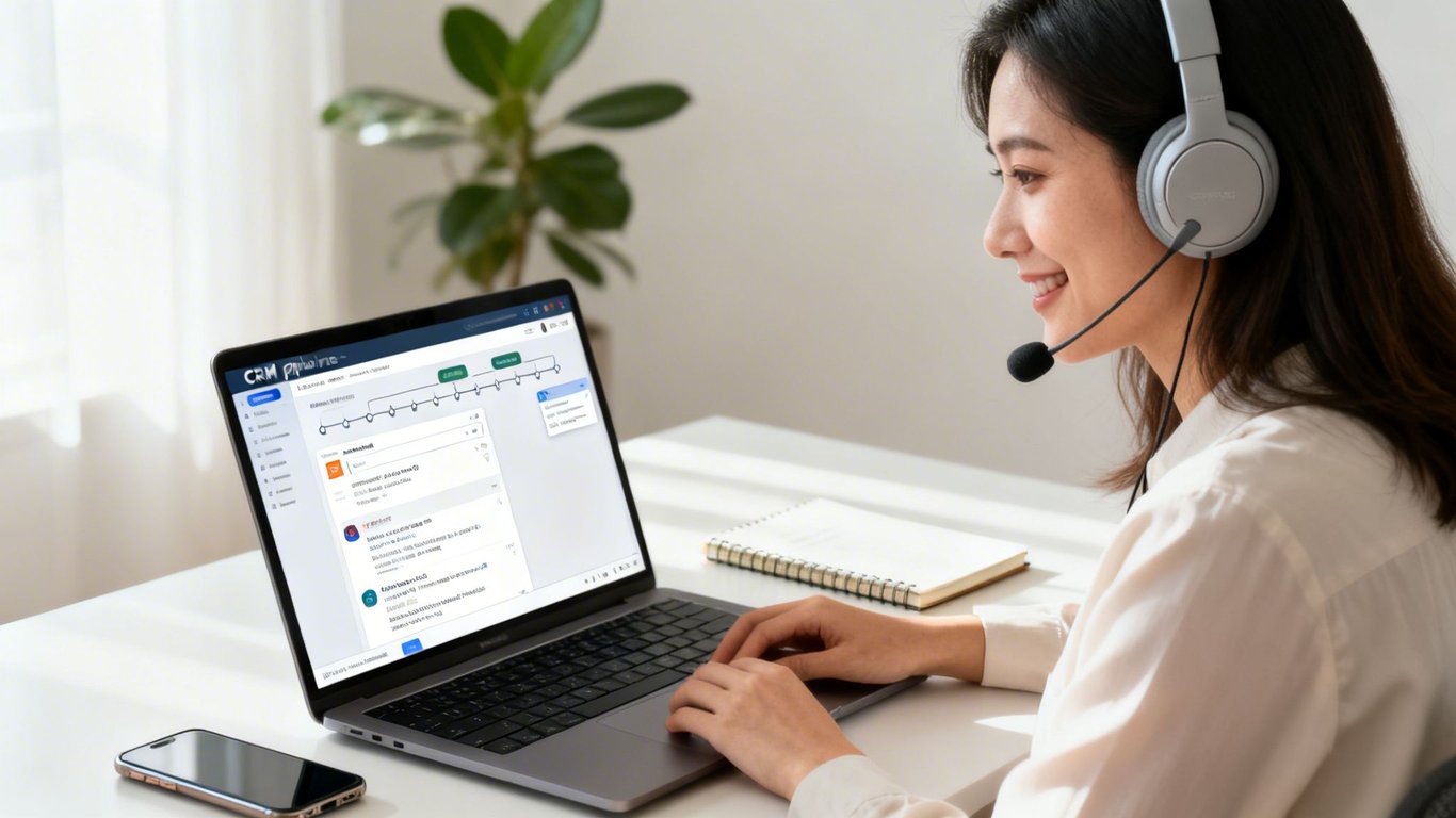 A smiling woman wearing a headset with a microphone uses a laptop for customer service.