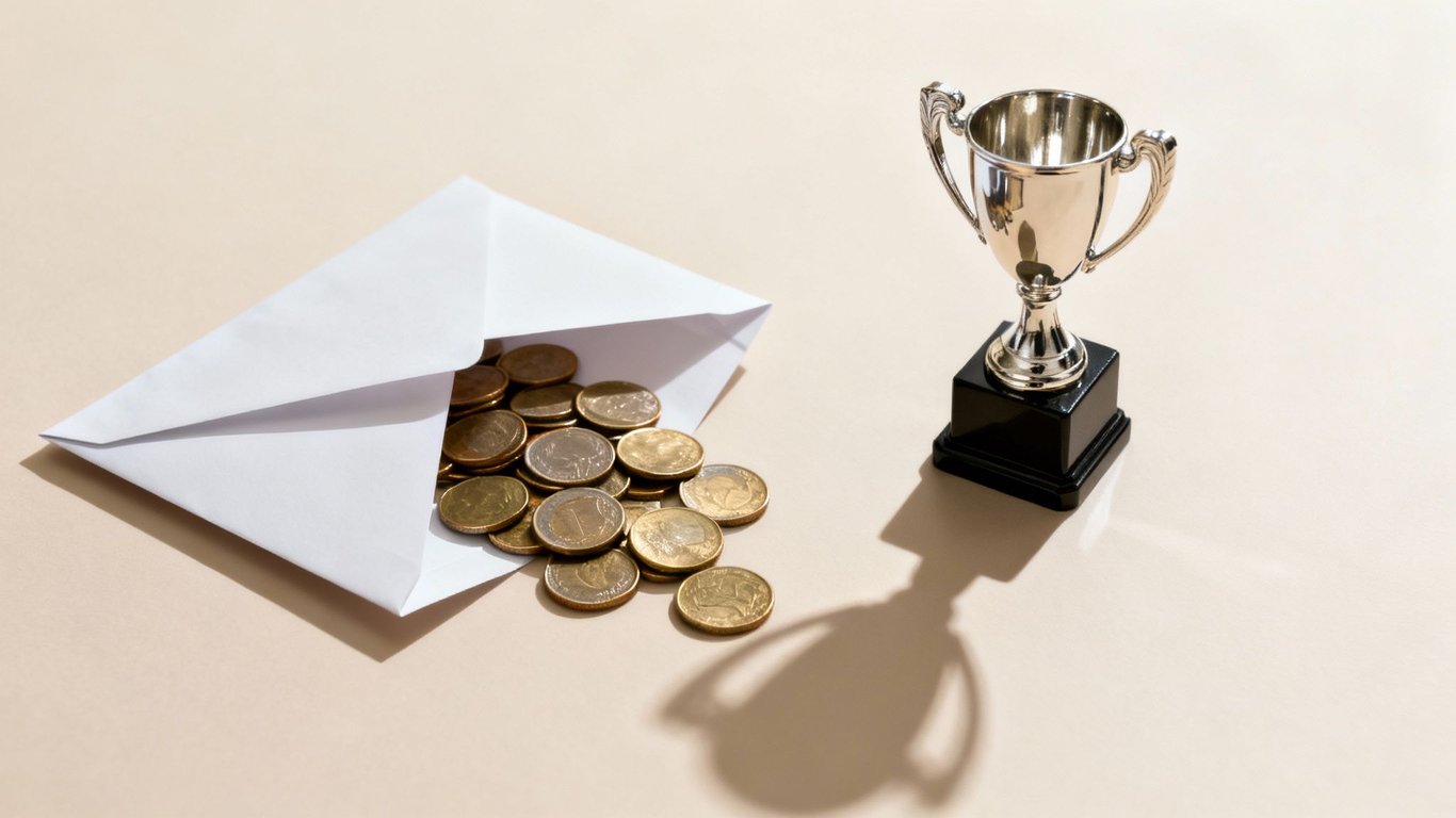 An open white envelope spills gold and silver Euro coins next to a shiny silver trophy.