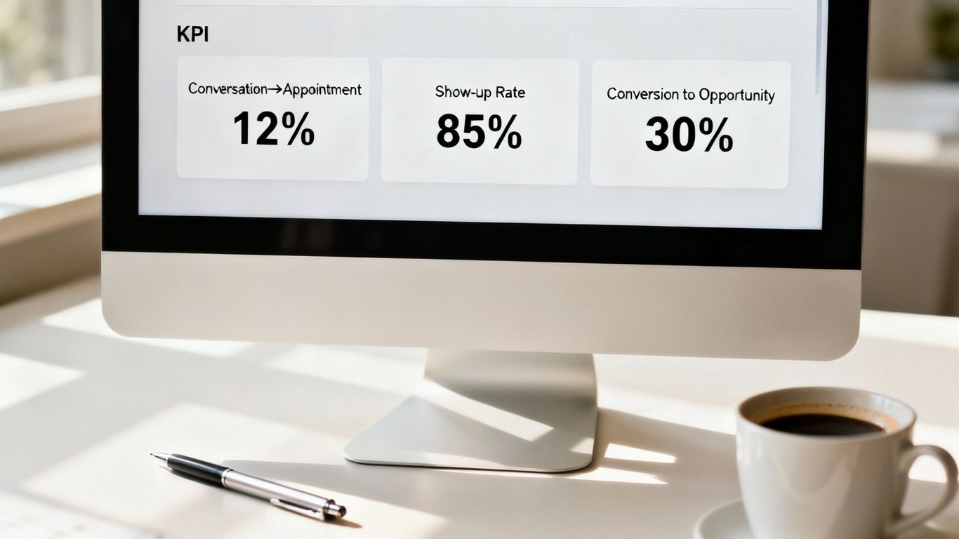 A computer monitor displaying key performance indicators (KPIs) for sales, alongside a pen and coffee.
