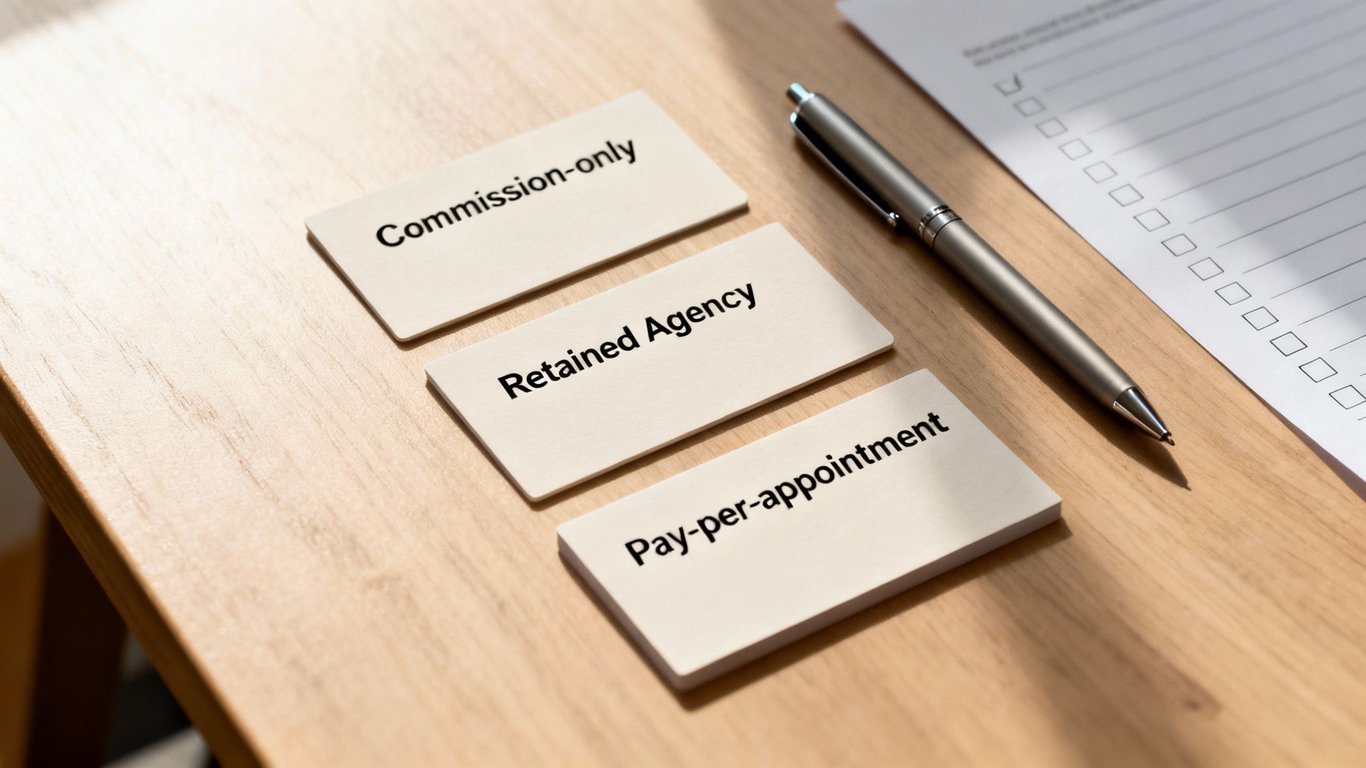 Three cards on a wooden desk showing 'Commission-only', 'Retained Agency', and 'Pay-per-appointment' payment models.