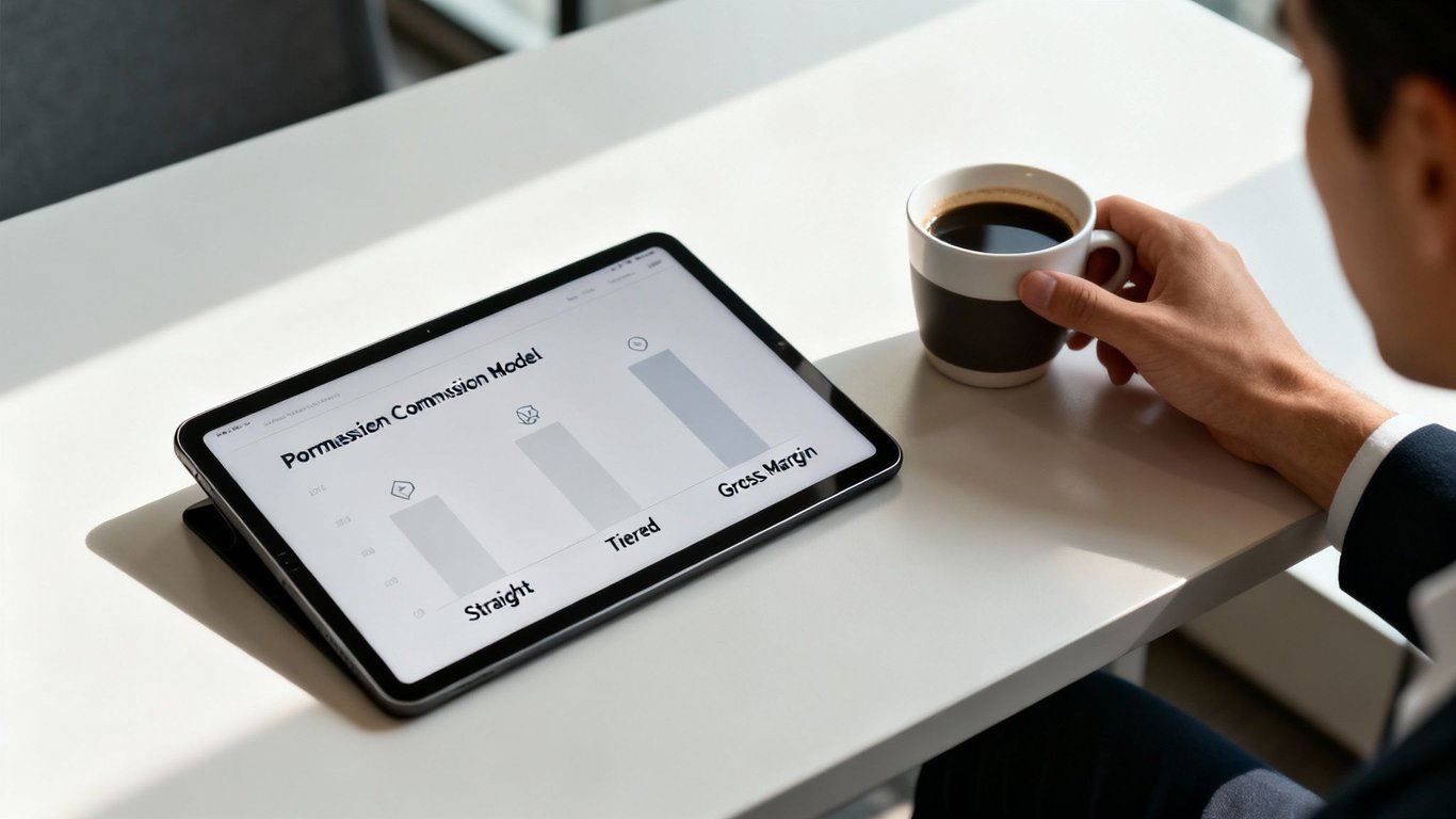 Businessman reviewing a commission model chart on a tablet while holding a coffee cup.
