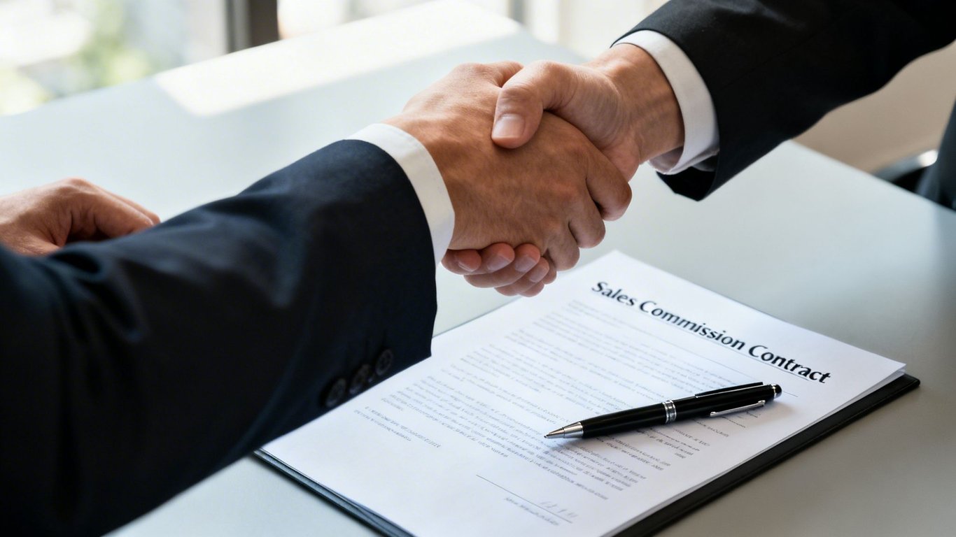 Two business professionals shaking hands over a sales commission contract and pen on a table, symbolizing an agreement.