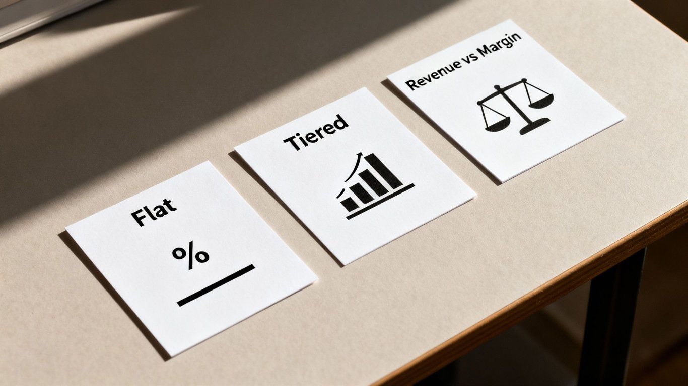 Three white cards displaying different pricing models: Flat, Tiered, and Revenue vs Margin.
