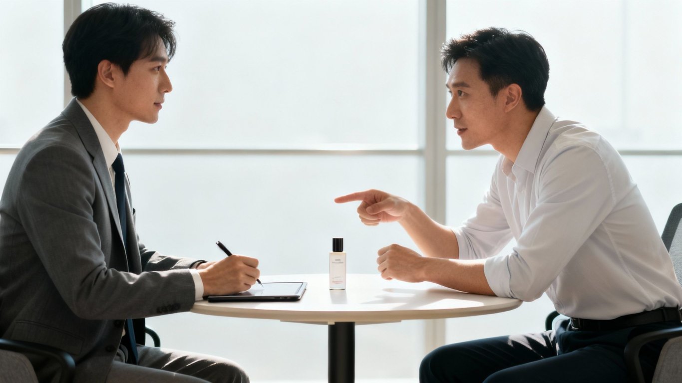 Two men in business suits having a discussion, with one pointing at a skincare product on the table.