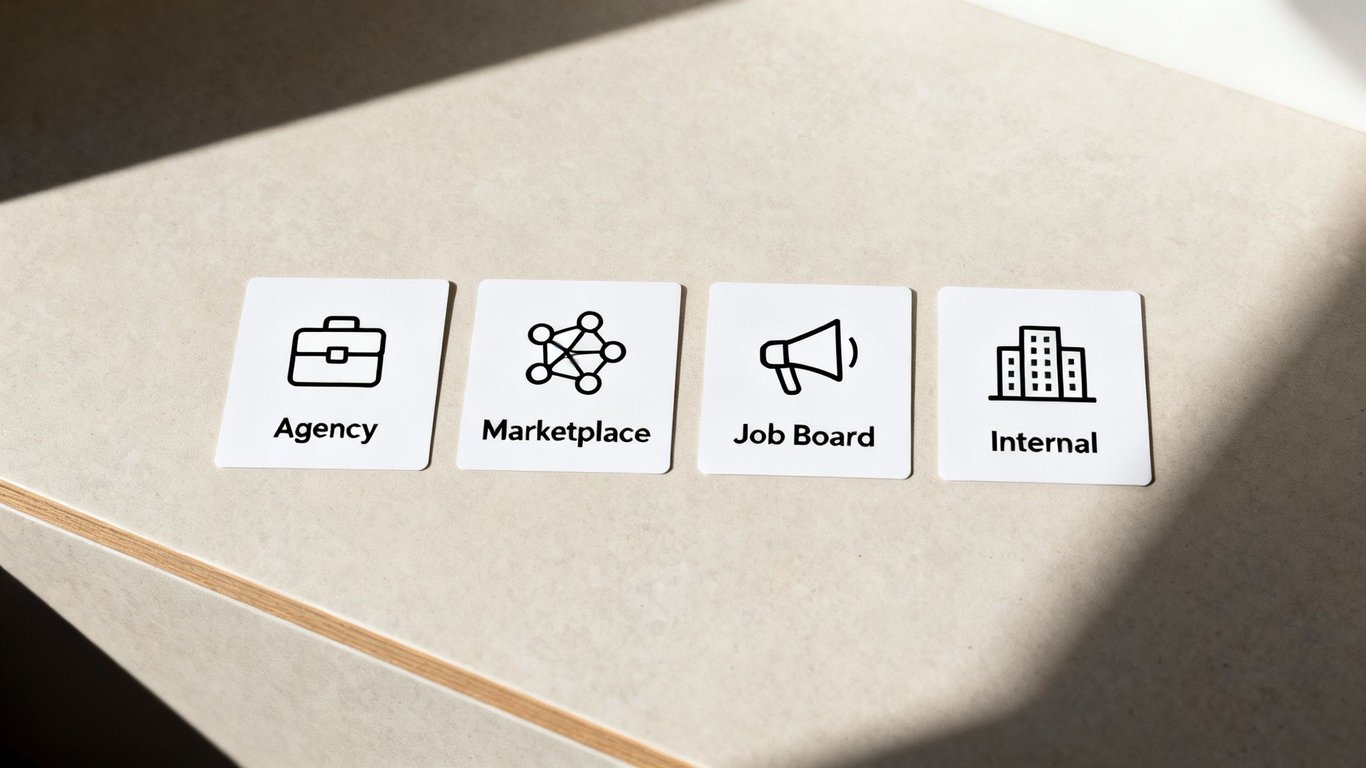 Four cards display different recruitment channels: Agency, Marketplace, Job Board, and Internal.