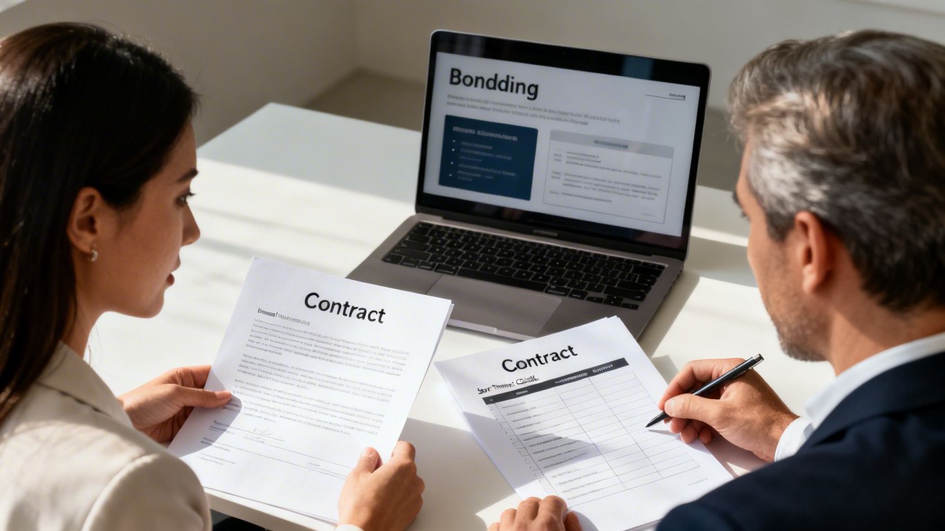 Two business professionals reviewing contracts and a laptop displaying a 'Bondding' presentation.