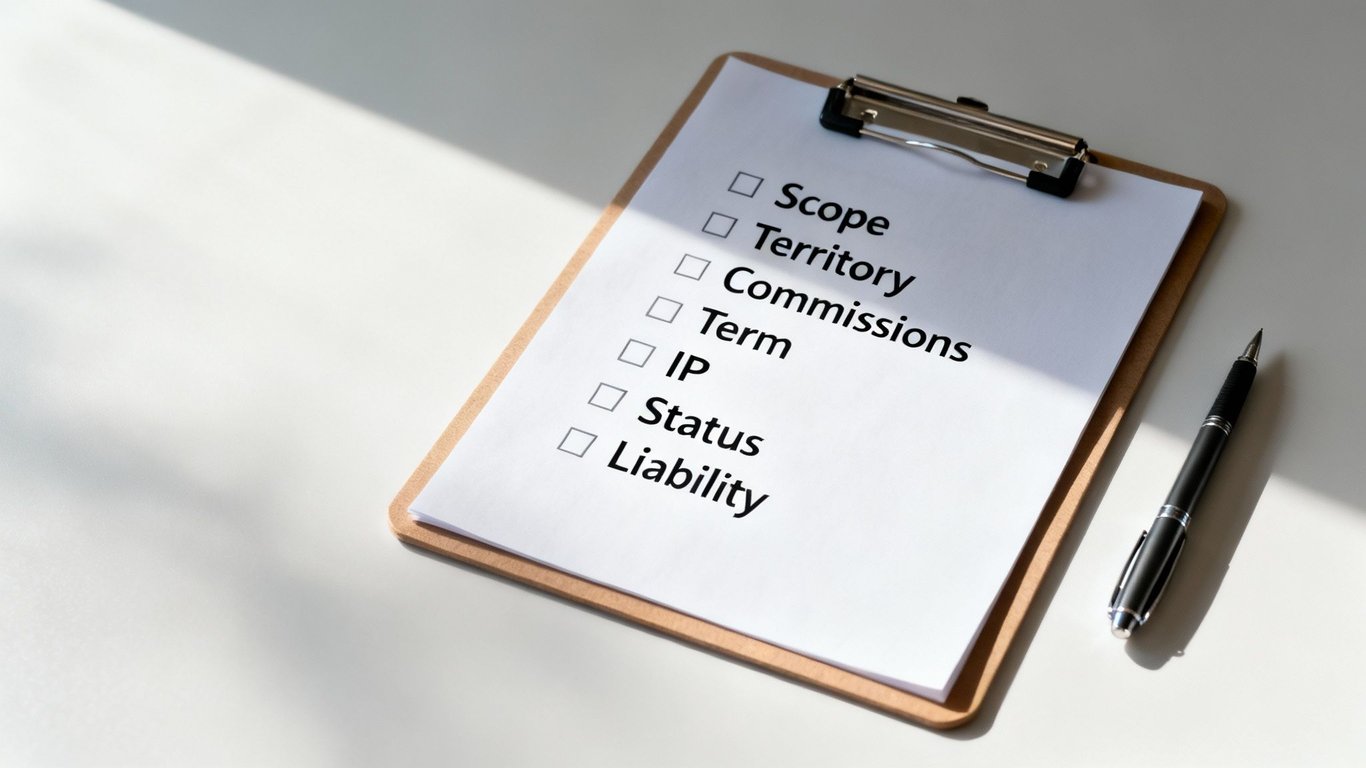 A clipboard with a checklist for an independent sales representative agreement, including terms like Scope and Liability, next to a pen.