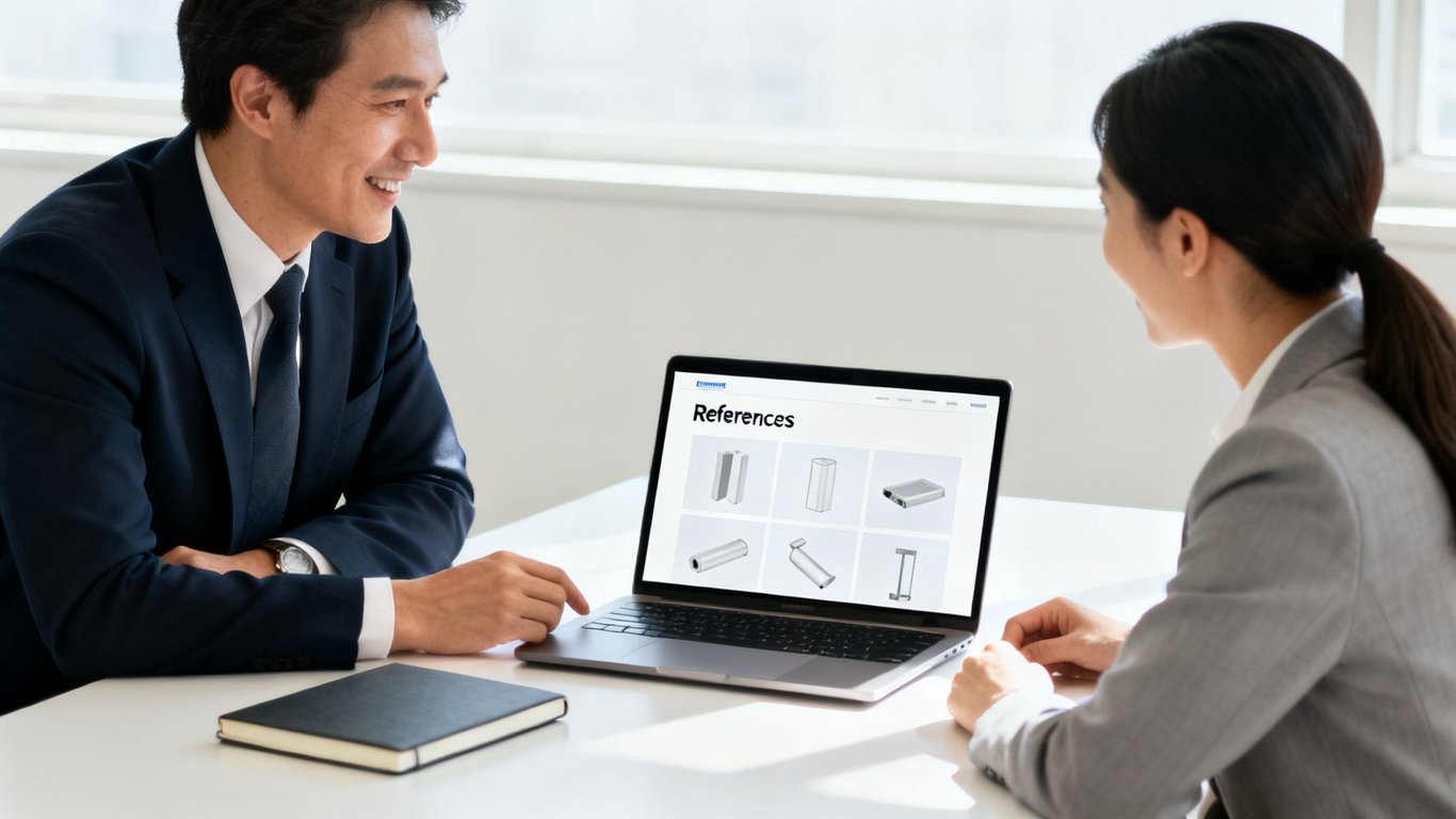 Two diverse business professionals discuss product references on a laptop during an international sales meeting.