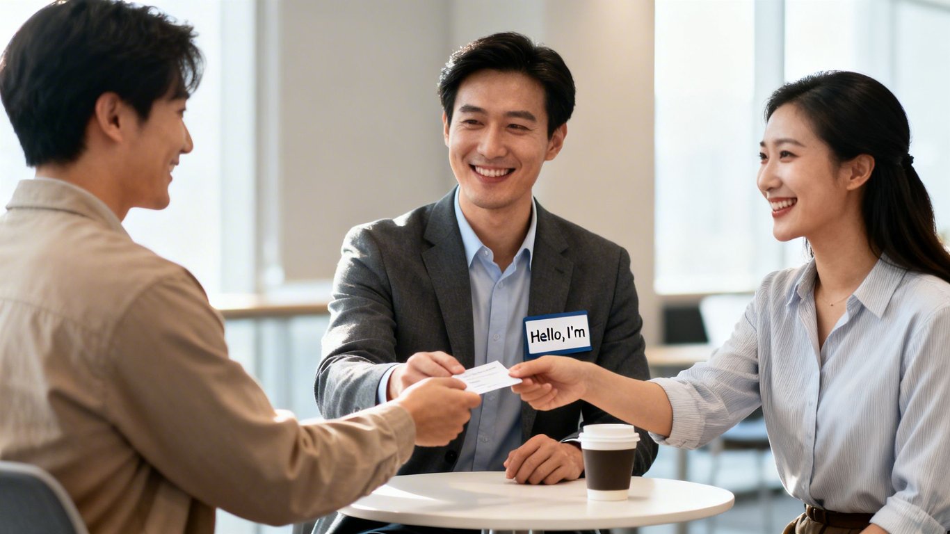 Three smiling professionals exchanging business cards at a networking event or meeting.