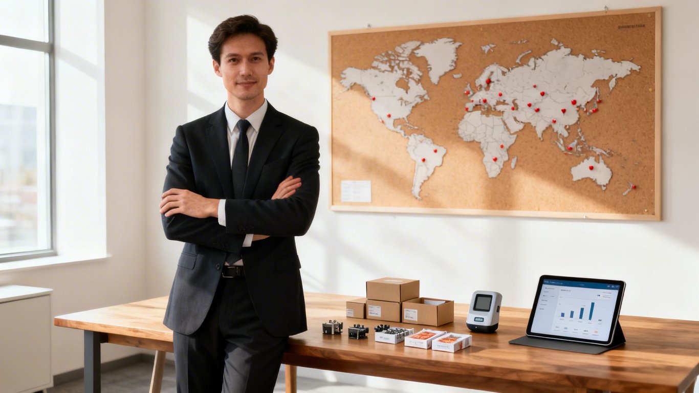 Businessman in an office with a global operations map and products on a wooden desk.