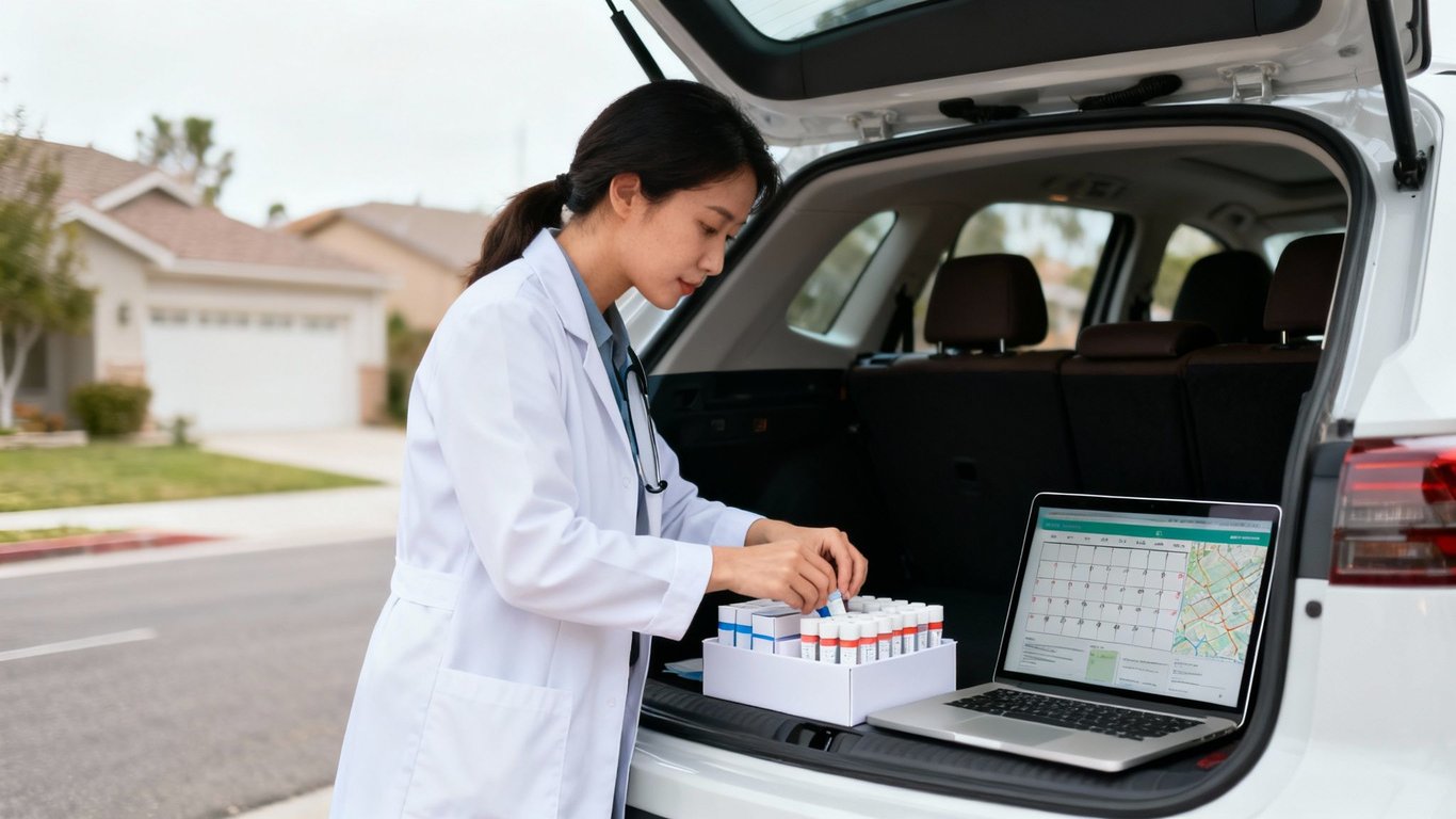 A medical professional sorts test tubes in a car trunk with a laptop showing a map, in a suburban setting.