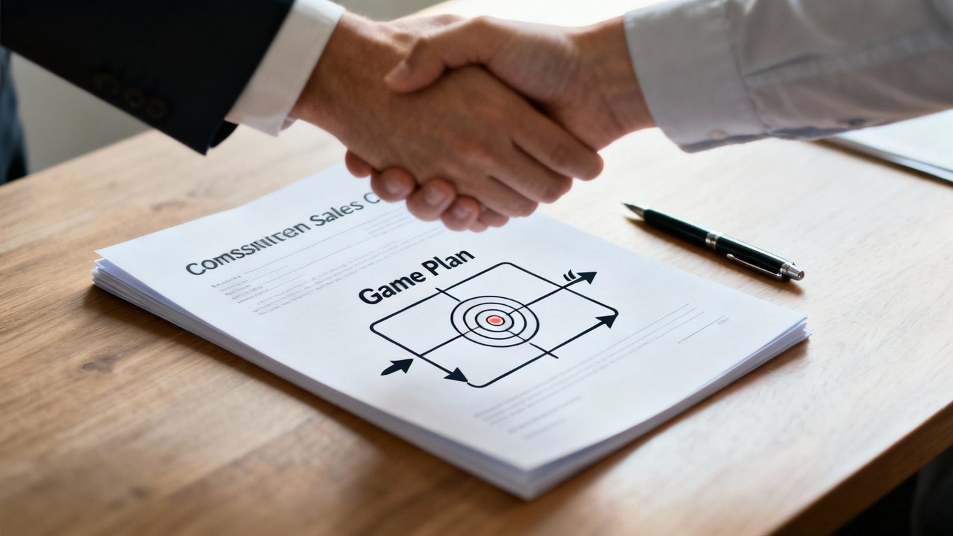 Two businessmen shaking hands over a document titled 'Game Plan' and 'Commission Sales Contract'.