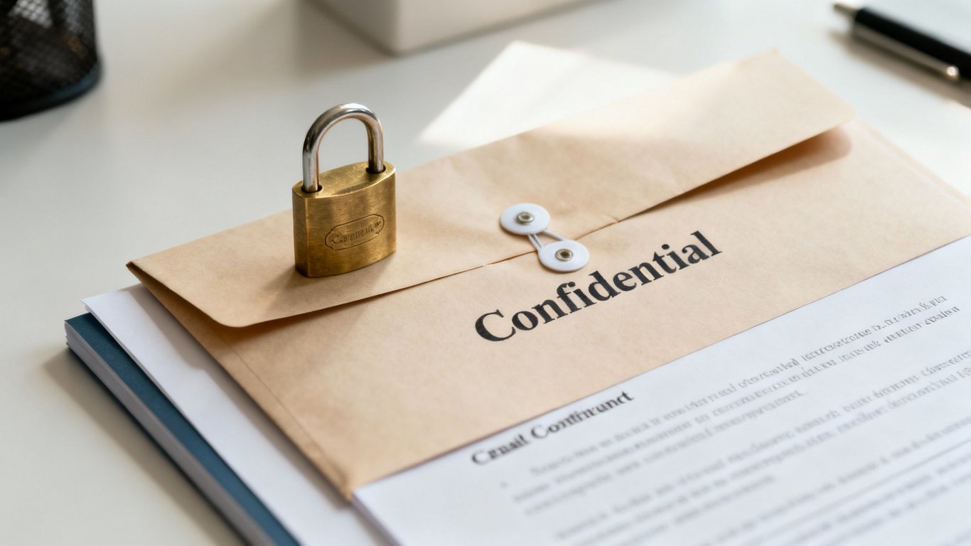 A gold padlock securing a brown envelope labeled 'Confidential' on a desk with documents.