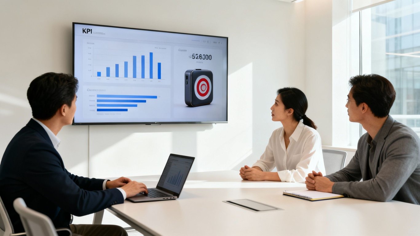 Three colleagues analyzing sales data on a large screen during a professional business meeting.