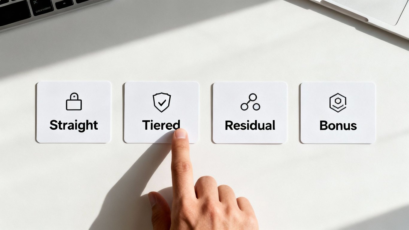 A hand points to a 'Tiered' card among different sales commission structure options.