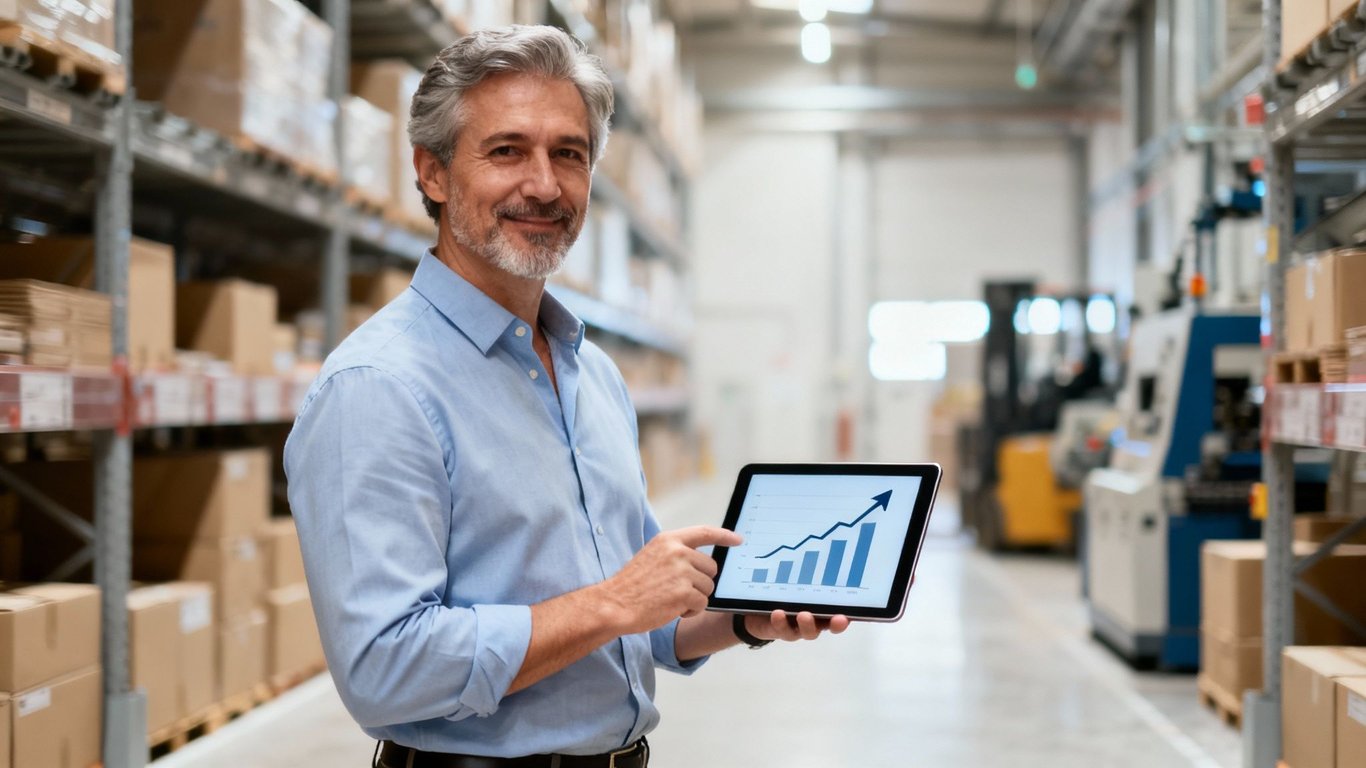 Smiling man in warehouse points at a tablet showing a growing sales graph.