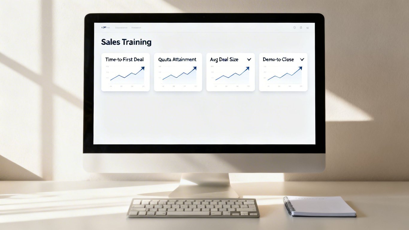 A computer monitor displays a 'Sales Training' dashboard with performance charts on a desk.