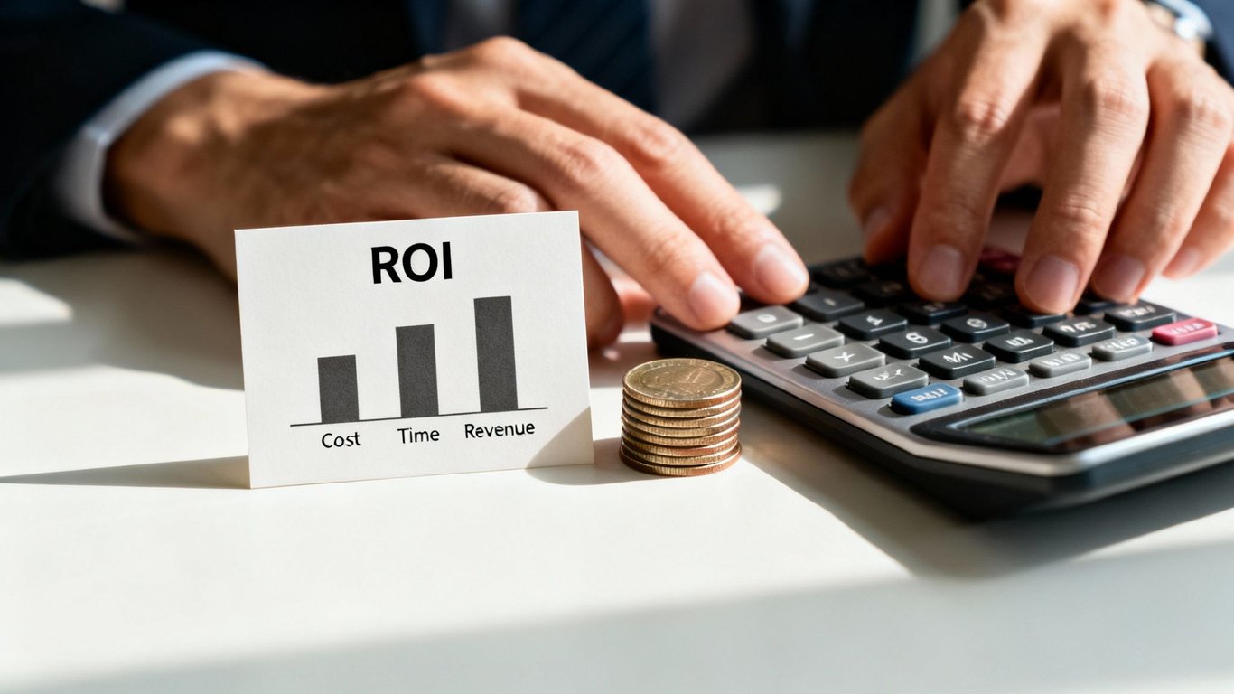 Businessman calculating Return on Investment (ROI) with a chart and stacked coins.
