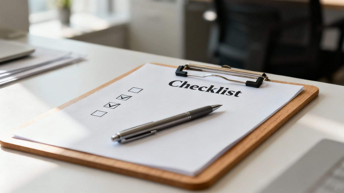 A close-up of a checklist on a wooden clipboard with a pen, showing some completed tasks on a bright office desk.