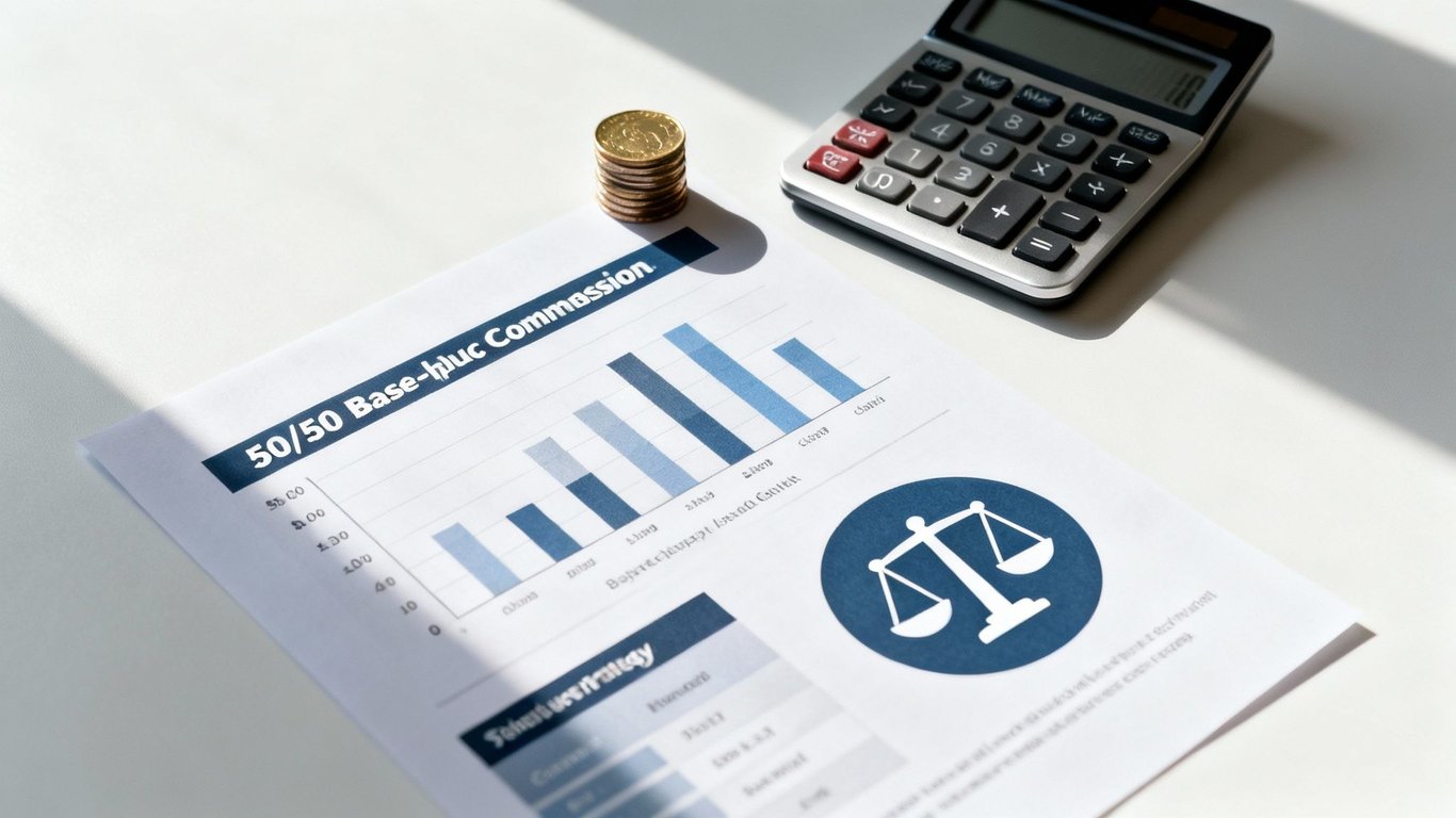 A business document titled "50/50 Base Commission" with a bar chart, gold coins, and a calculator.