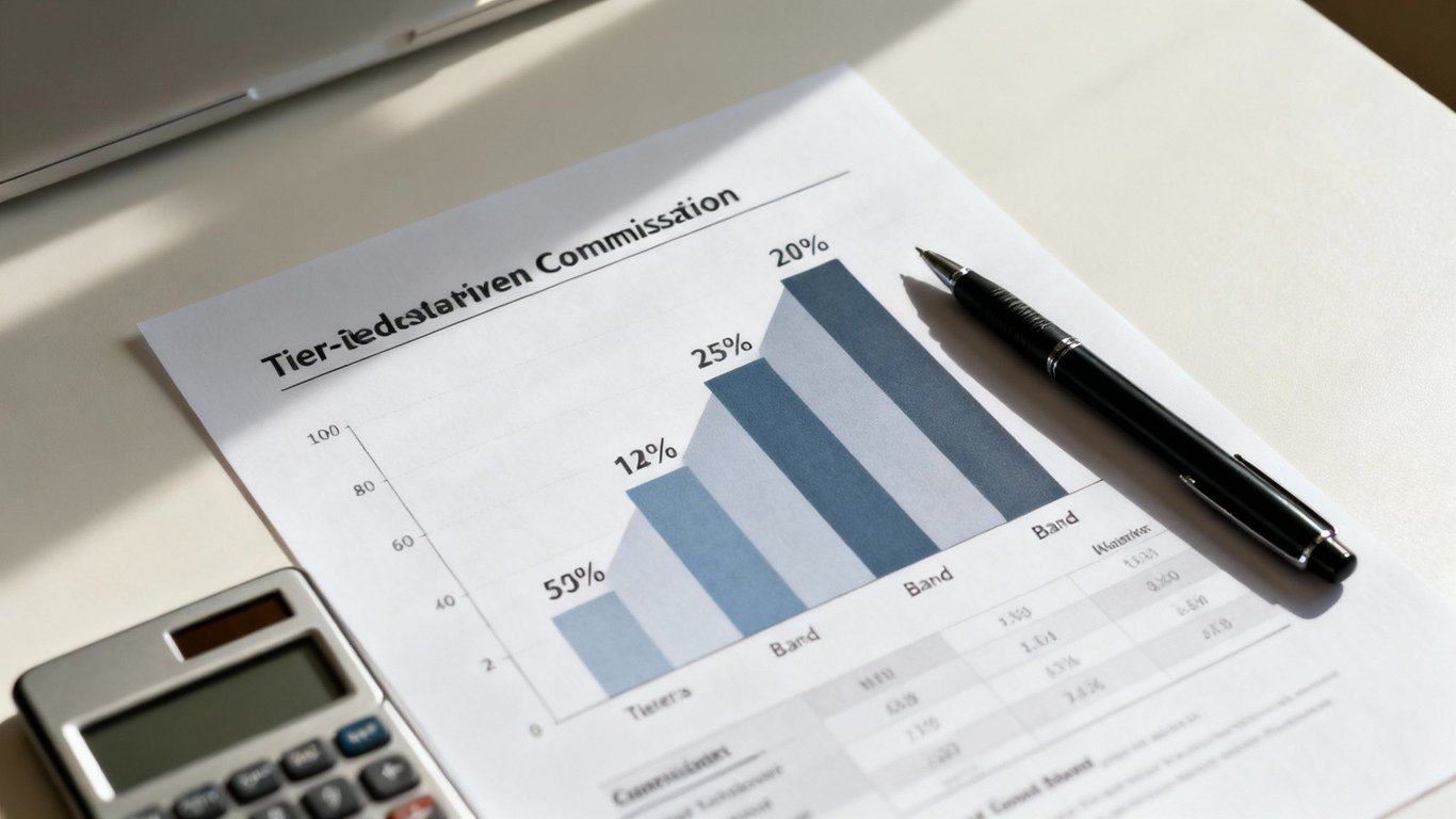 A document displaying a tier-based commission bar chart with percentages, a pen, and a calculator.