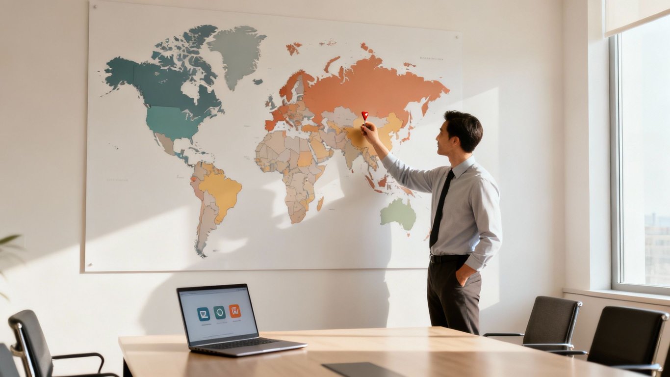 A businessman pointing at a world map in a modern office with a laptop on the table.