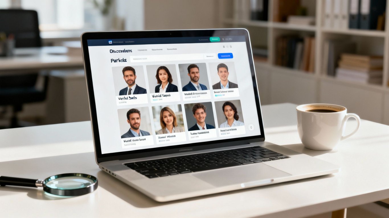 A laptop displays a sales team directory with headshots on a white office desk.