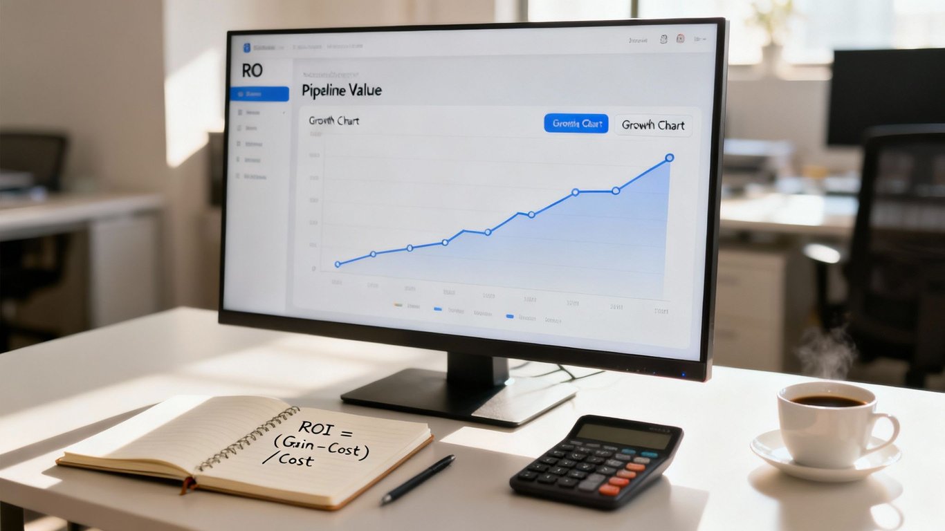 A computer displaying a growth chart, a notebook with an ROI formula, and a calculator on a bright office desk.