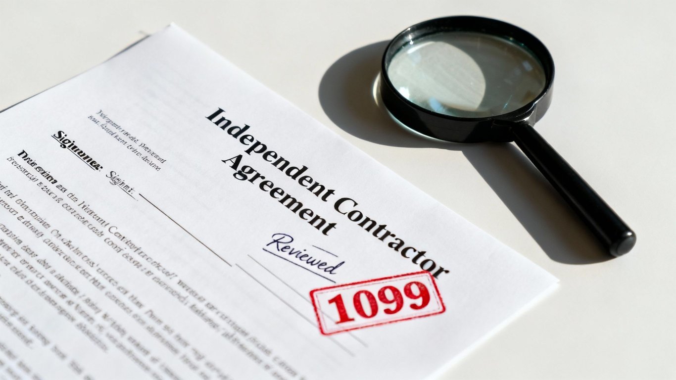 Independent Contractor Agreement document marked 'Reviewed' and '1099', with a magnifying glass for details.