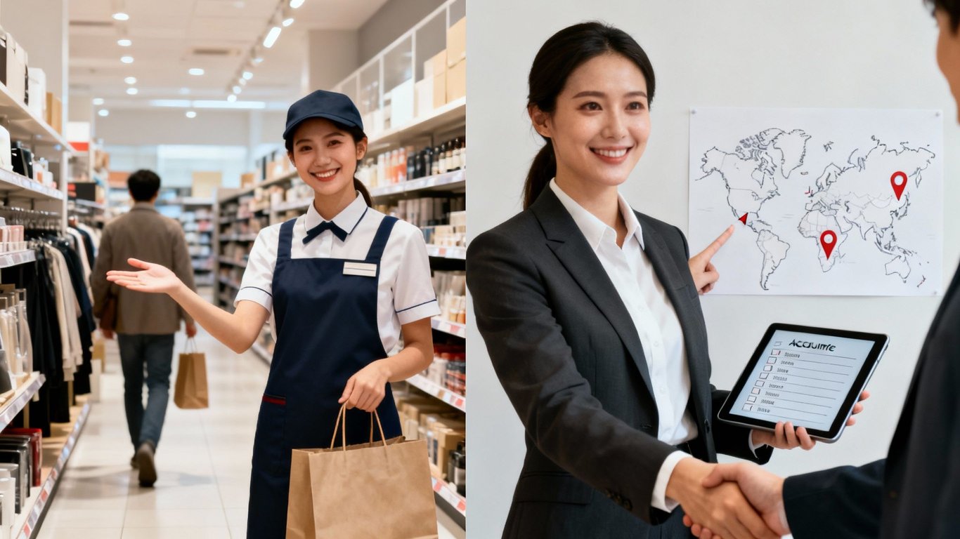 Two Asian women depicting sales roles: a retail associate in a store and a business representative.