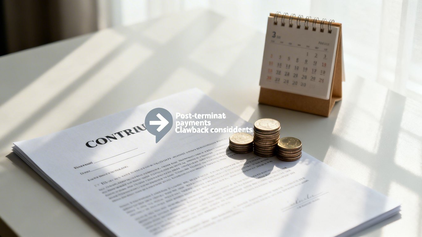 A contract document with stacked coins and a calendar, discussing post-termination payments and clawback considerations.