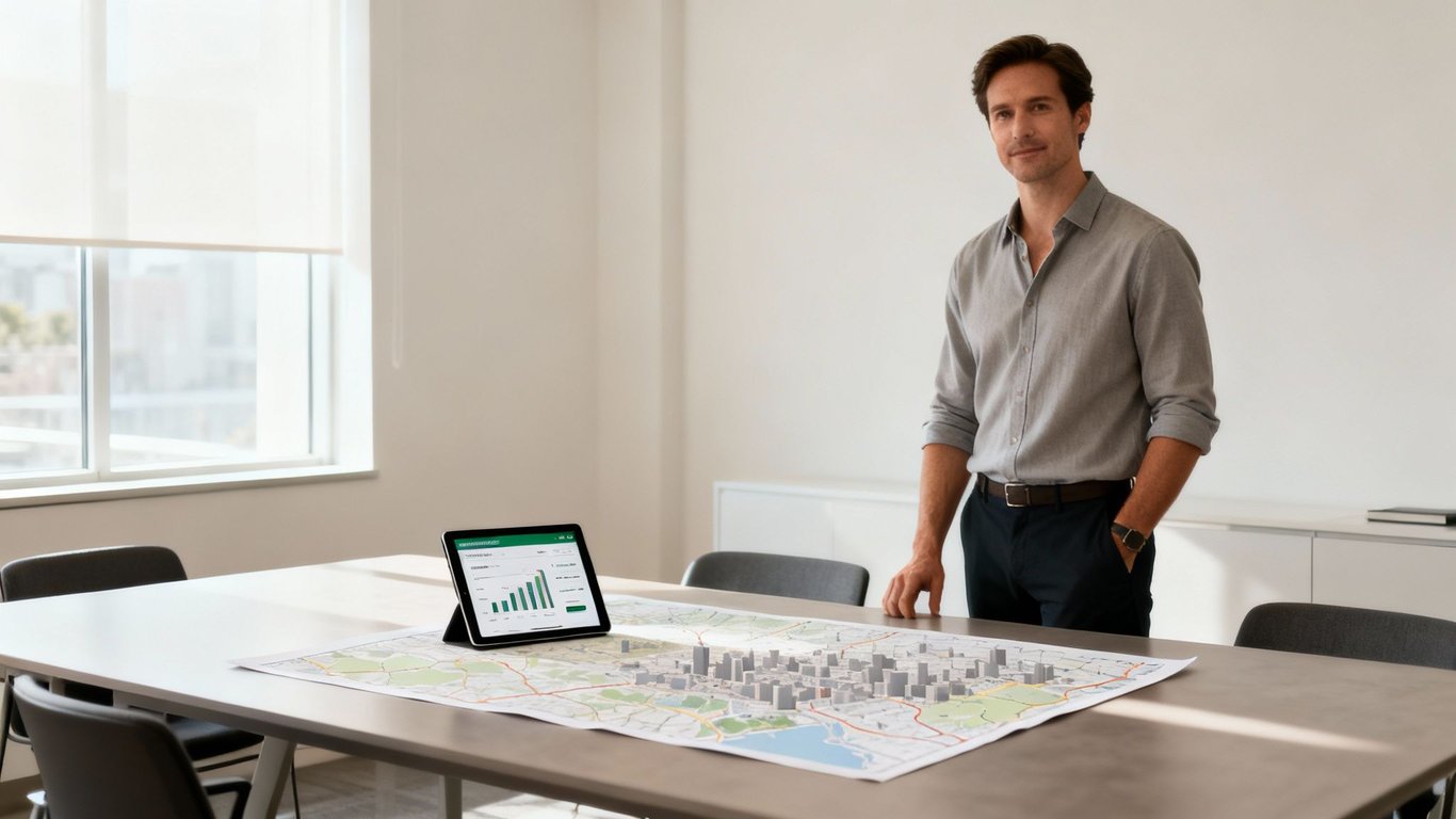 A professional man stands in a modern office with a tablet displaying data and a 3D city map.