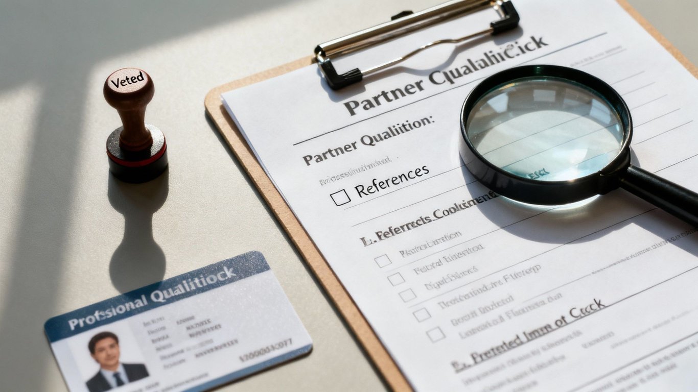 Partner qualification document, 'Veted' stamp, and ID card with a magnifying glass, symbolizing a vetting process.